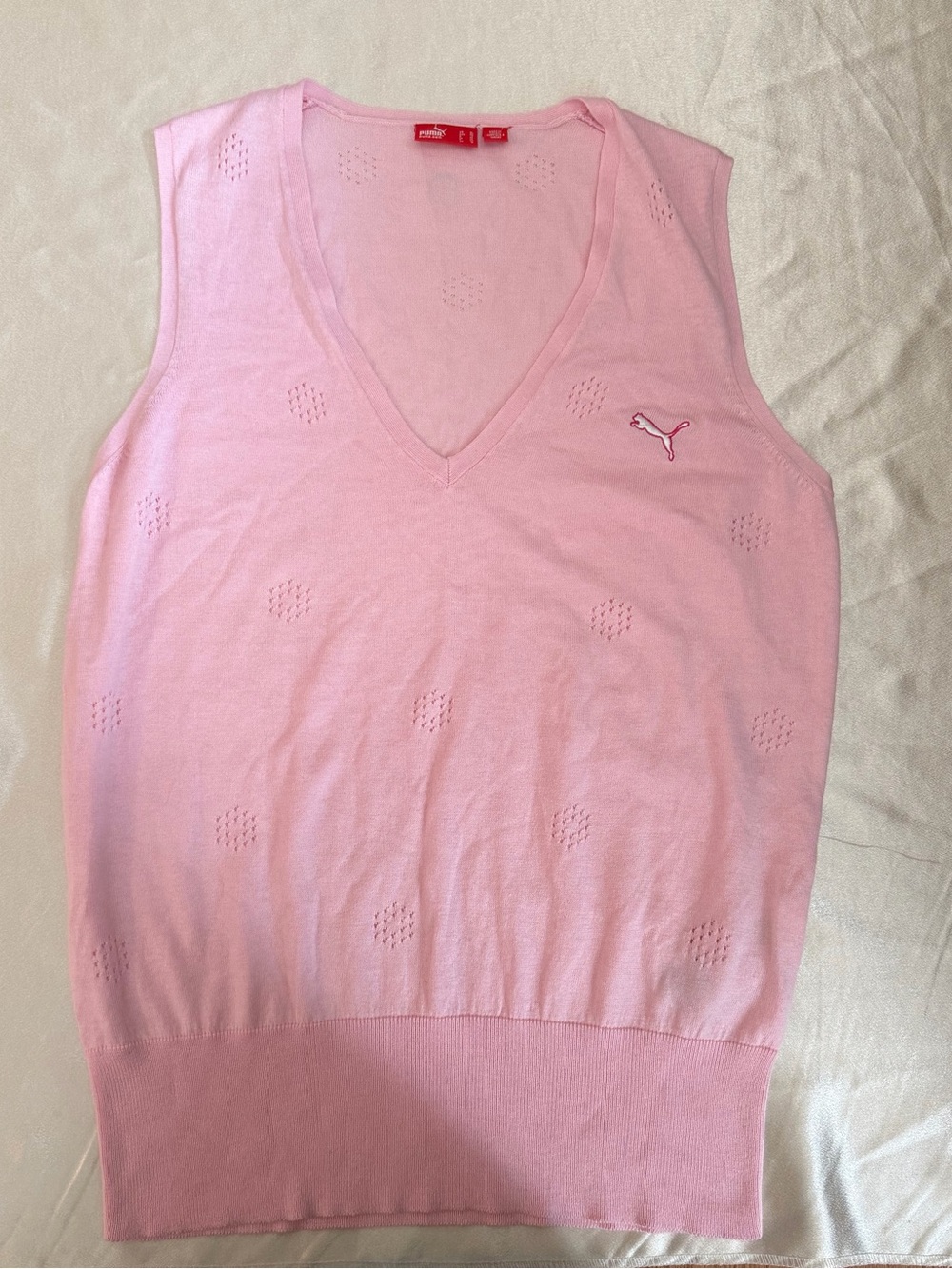 Vintage PUMA Pink V-Neck Pointelle Knit Golf Sweater Vest Size xL